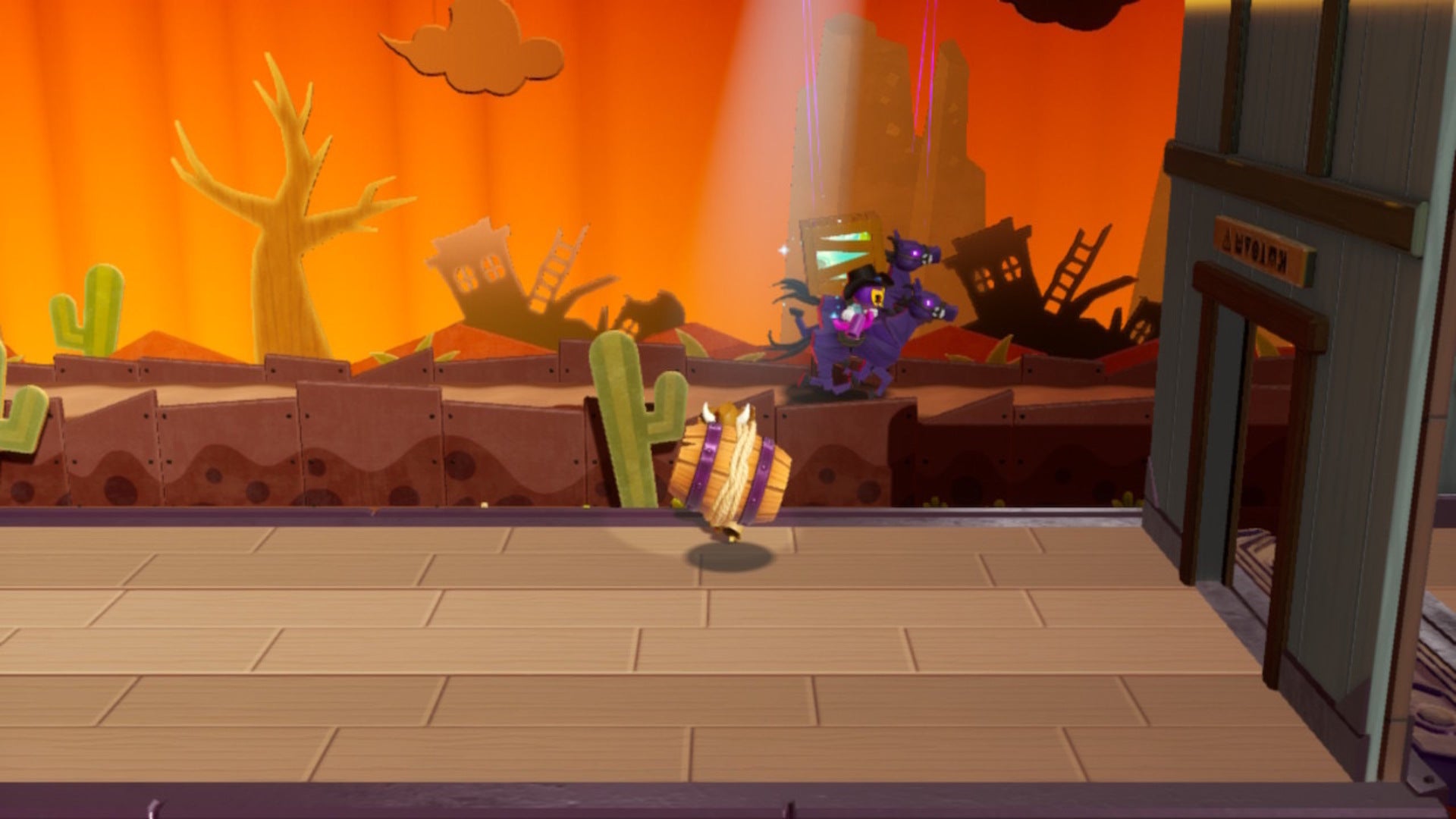 Cowgirl Peach prepares to launch a barrel at some minions riding on horseback, with one of them in possession of a Sparkle Gem in Princess Peach: Showtime