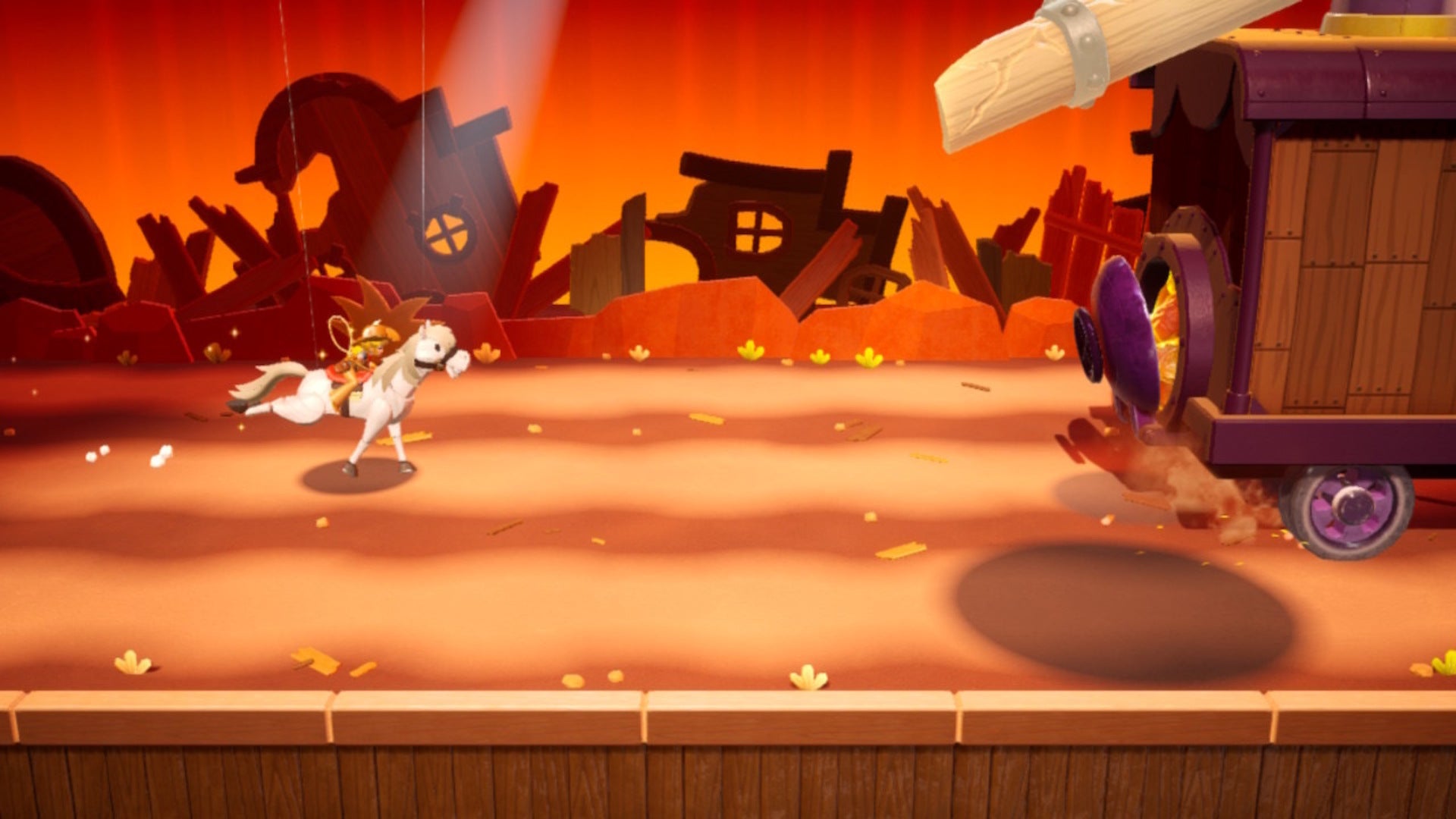 Cowgirl Peach chases down a stolen train in Princess Peach: Showtime