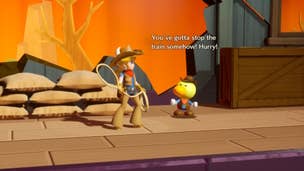Cowgirl Peach speaks with a patron Theet on a train carriage in Princess Peach: Showtime