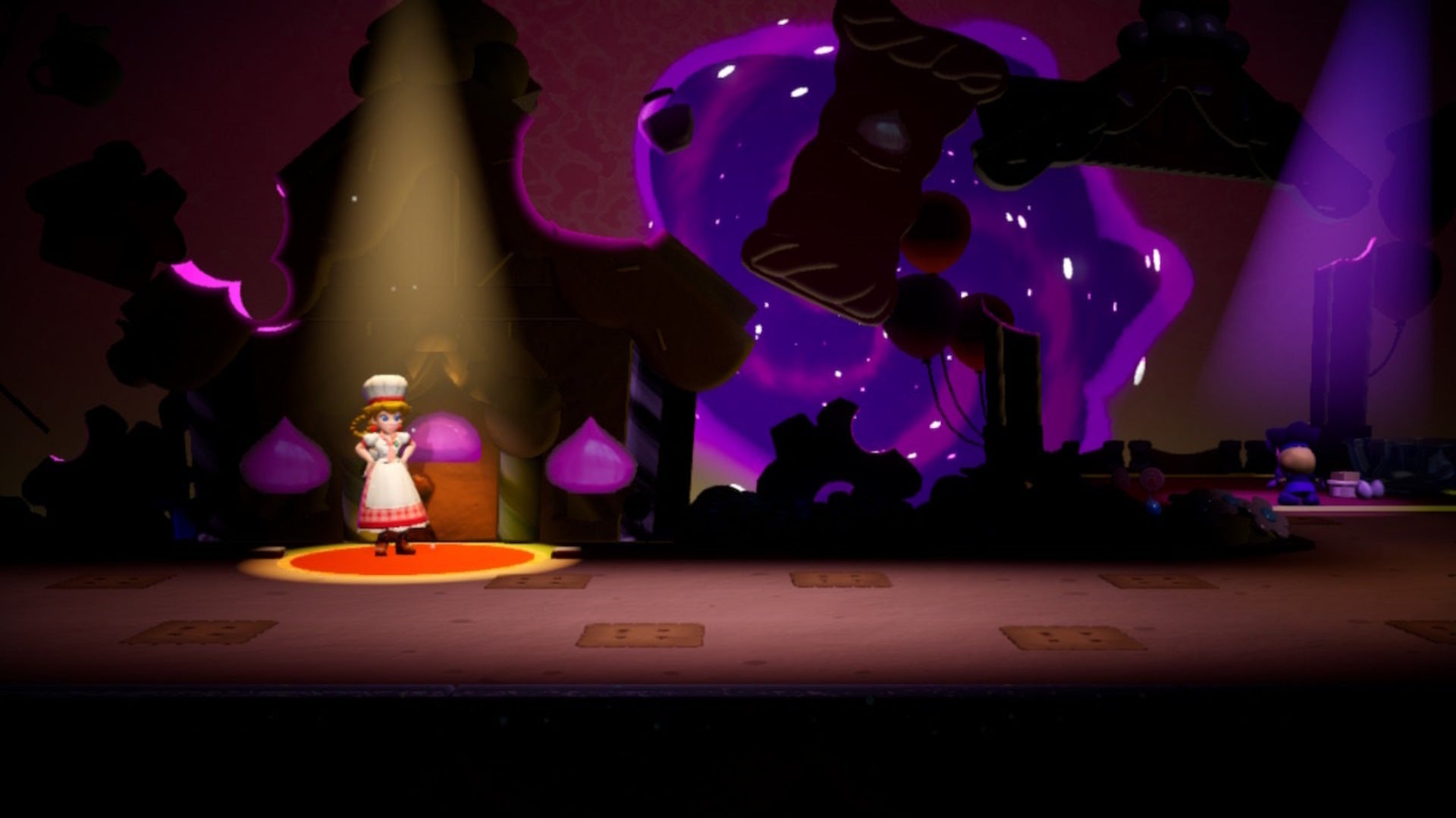 Patisserie Peach stands atop a spotlight in Princess Peach: Showtime