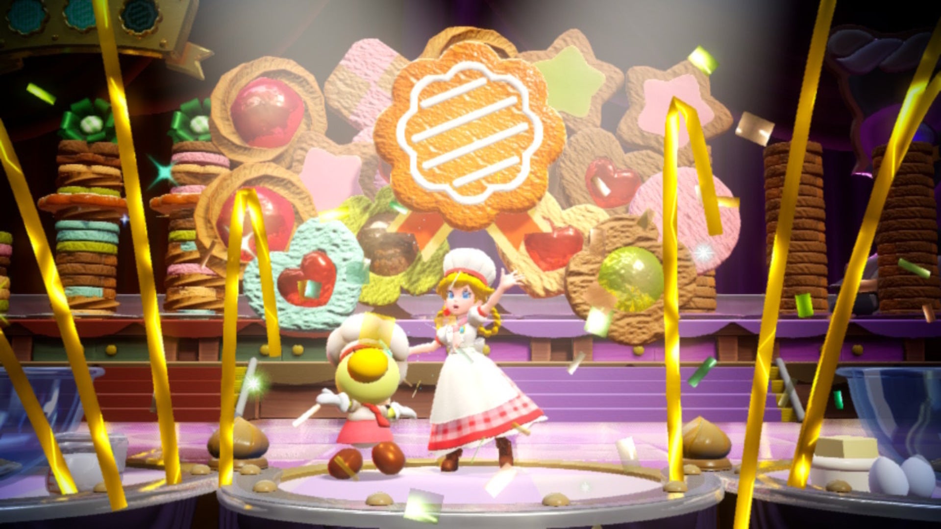 Patisserie Peach is shown with the Patisserie Sparkla after having made some cookies in Princess Peach: Showtime - 1