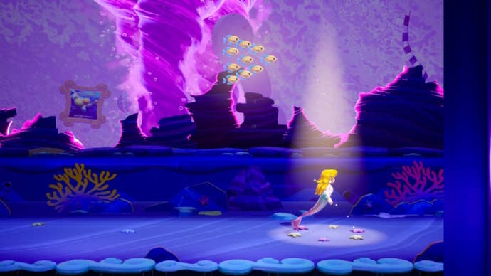 Mermaid Peach floats above a spotlight in Princess Peach: Showtime