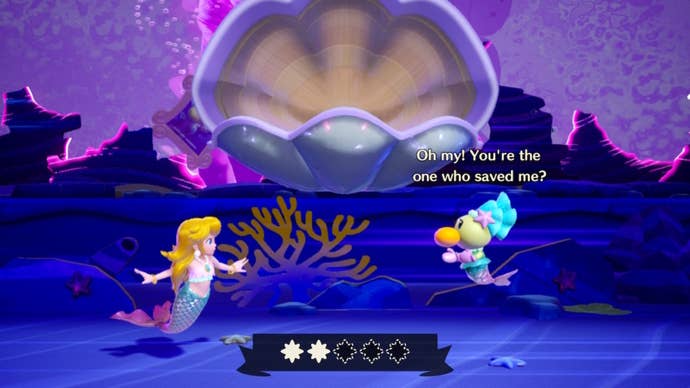 Mermaid Peach rescues Mermaid Sparkla from a clam in Princess Peach: Showtime