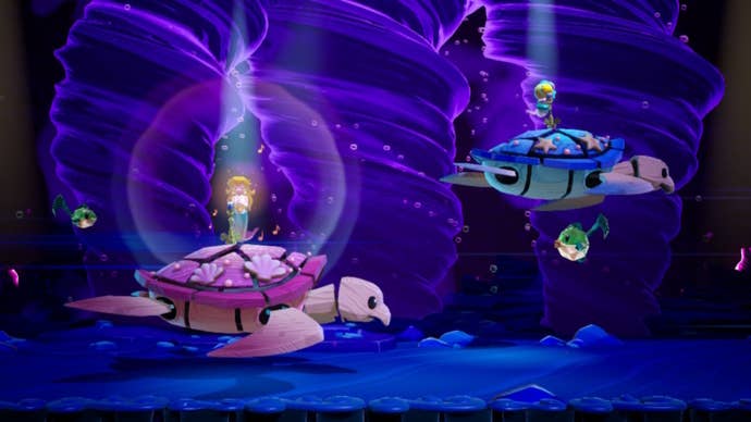 Mermaid Peach and the Mermaid Sparkla stand on the backs of turtles while singing in Princess Peach: Showtime