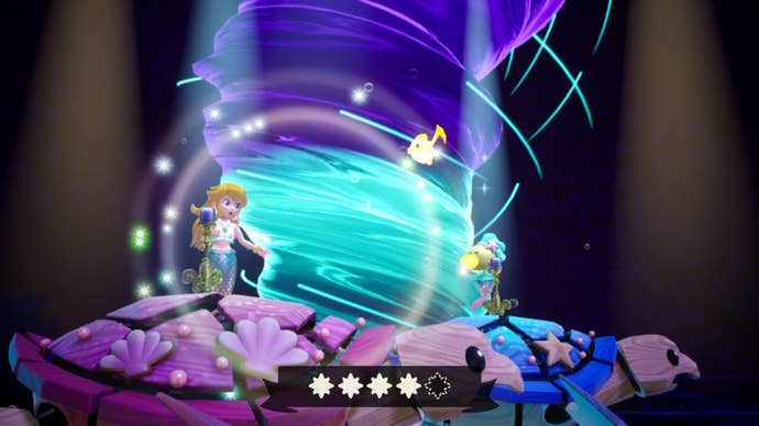 Mermaid Peach and the Mermaid Sparkla sing together to dispel whirlpools in Princess Peach: Showtime