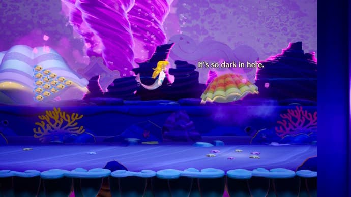 Mermaid Peach floats near an orange clam that has a Theet trapped inside in Princess Peach: Showtime
