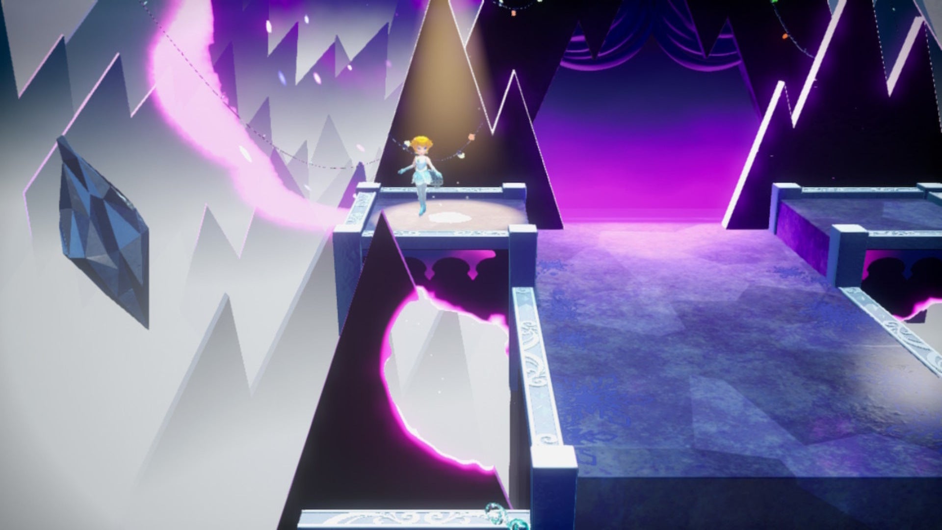 Figure Skater Peach stands atop a spotlight in Princess Peach: Showtime