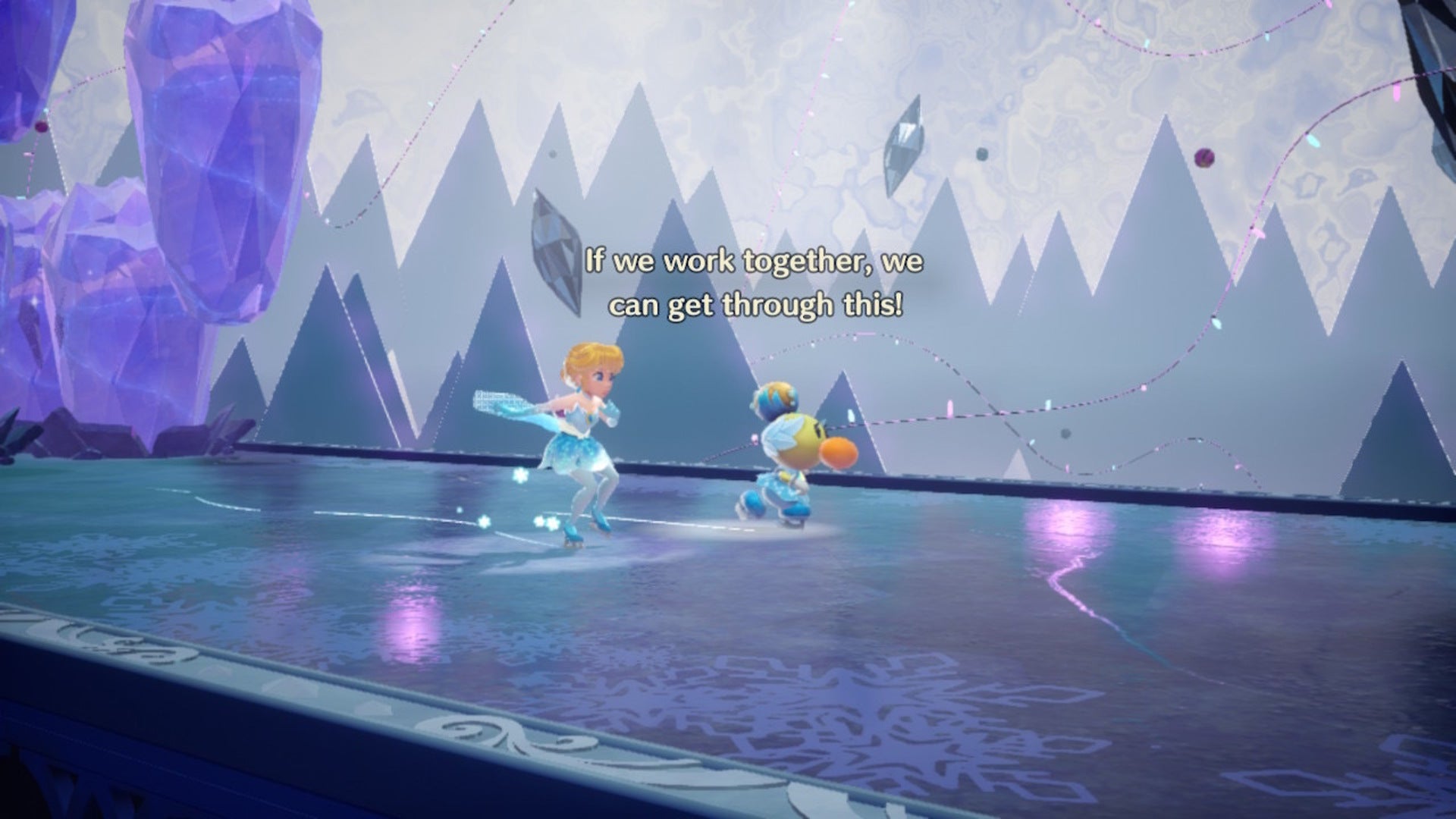 Figure Skater Peach and a Sparkla skate away from some falling icicles in Princess Peach: Showtime - 1