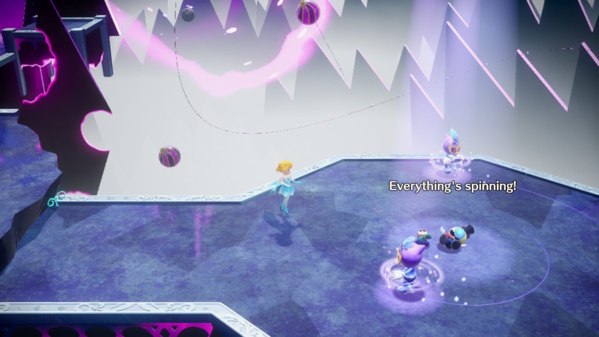 Figure Skater Peach approaches a Ribboneer Theet being bothered by two minions in Princess Peach: Showtime