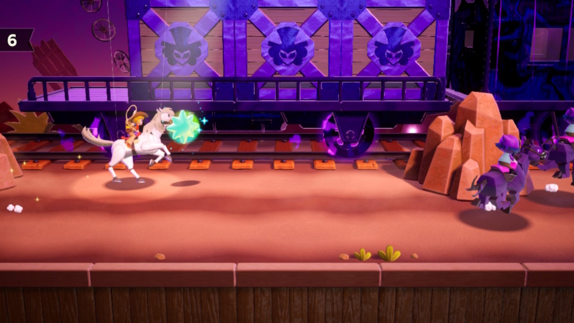 Cowgirl Peach rides after some minions and past a Sparkle Gem on horseback in Princess Peach: Showtime