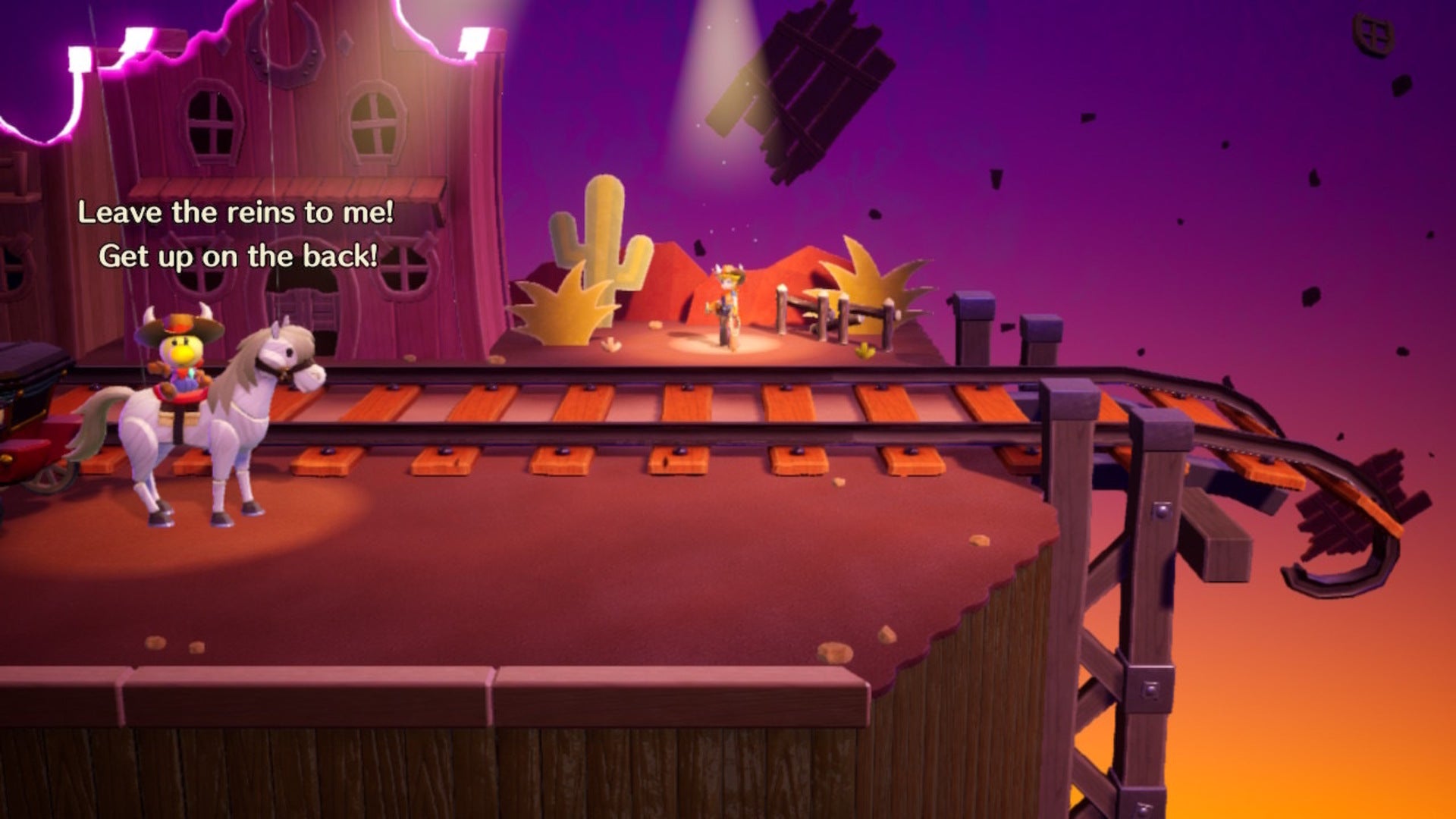 Cowgirl Peach stands on a spotlight in Princess Peach: Showtime