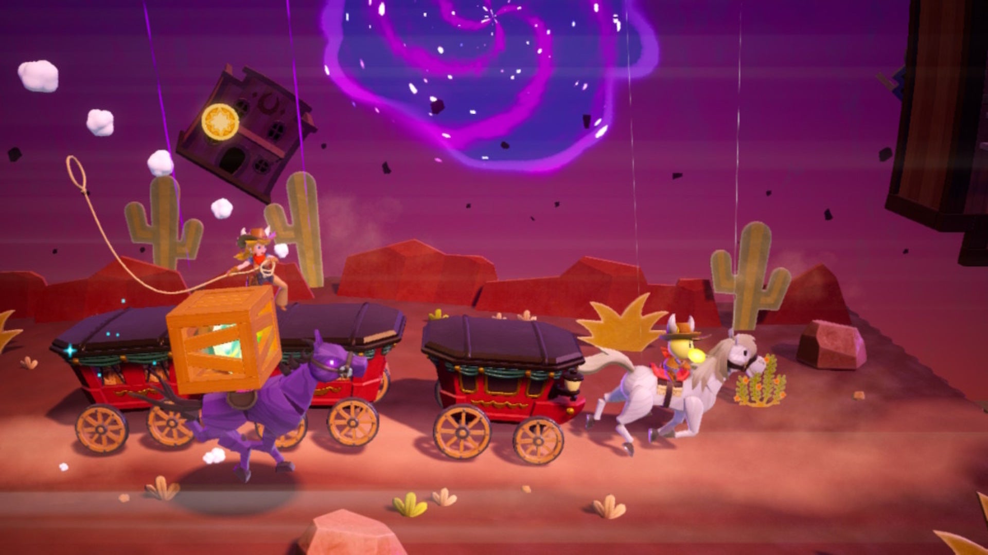 Cowgirl Peach stands atop a carriage using her lasso to grab a Sparkle Gem in Princess Peach: Showtime - 5