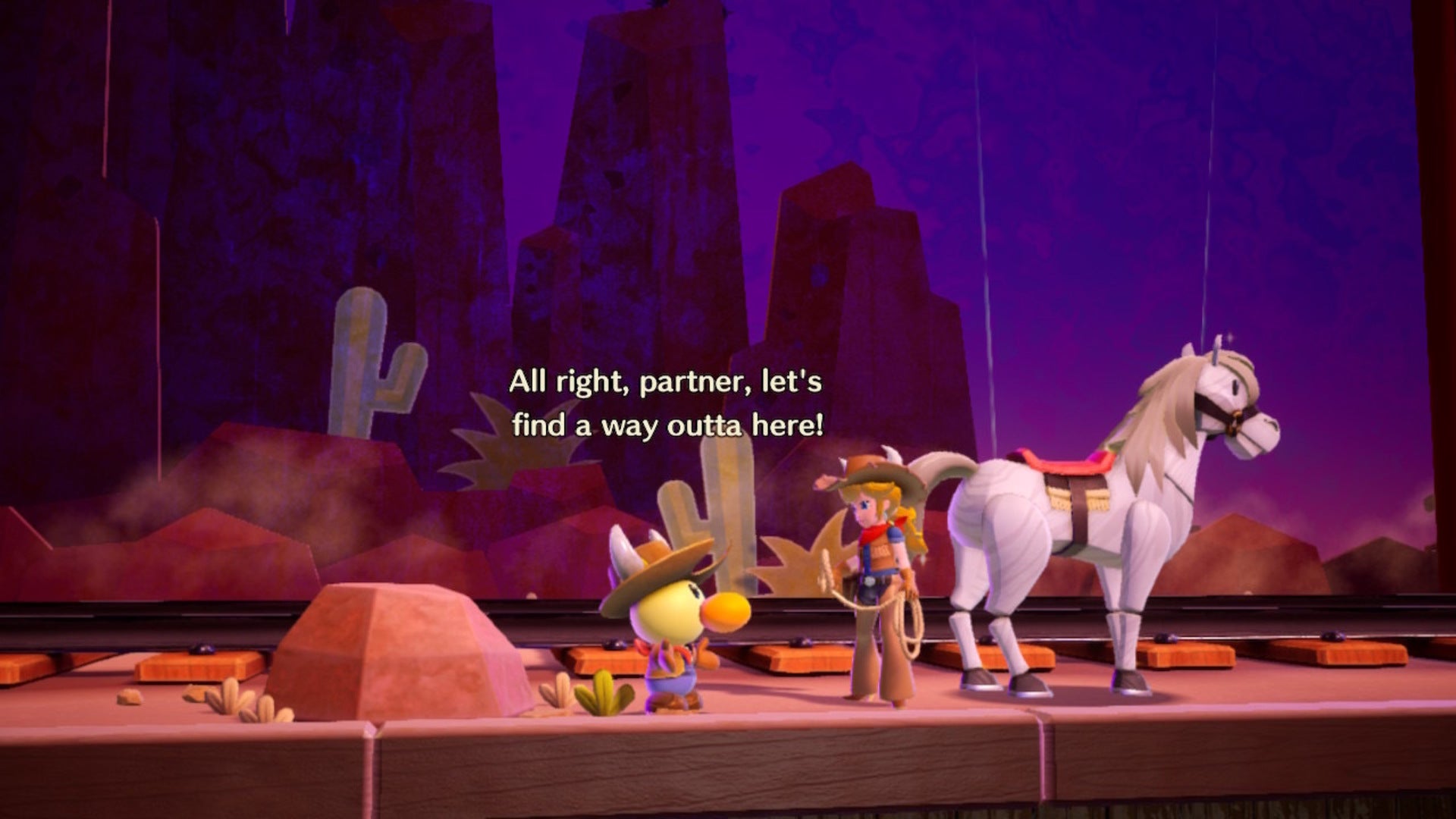 Cowgirl Peach speaks with the Cowgirl Sparkla in Princess Peach: Showtime - 1