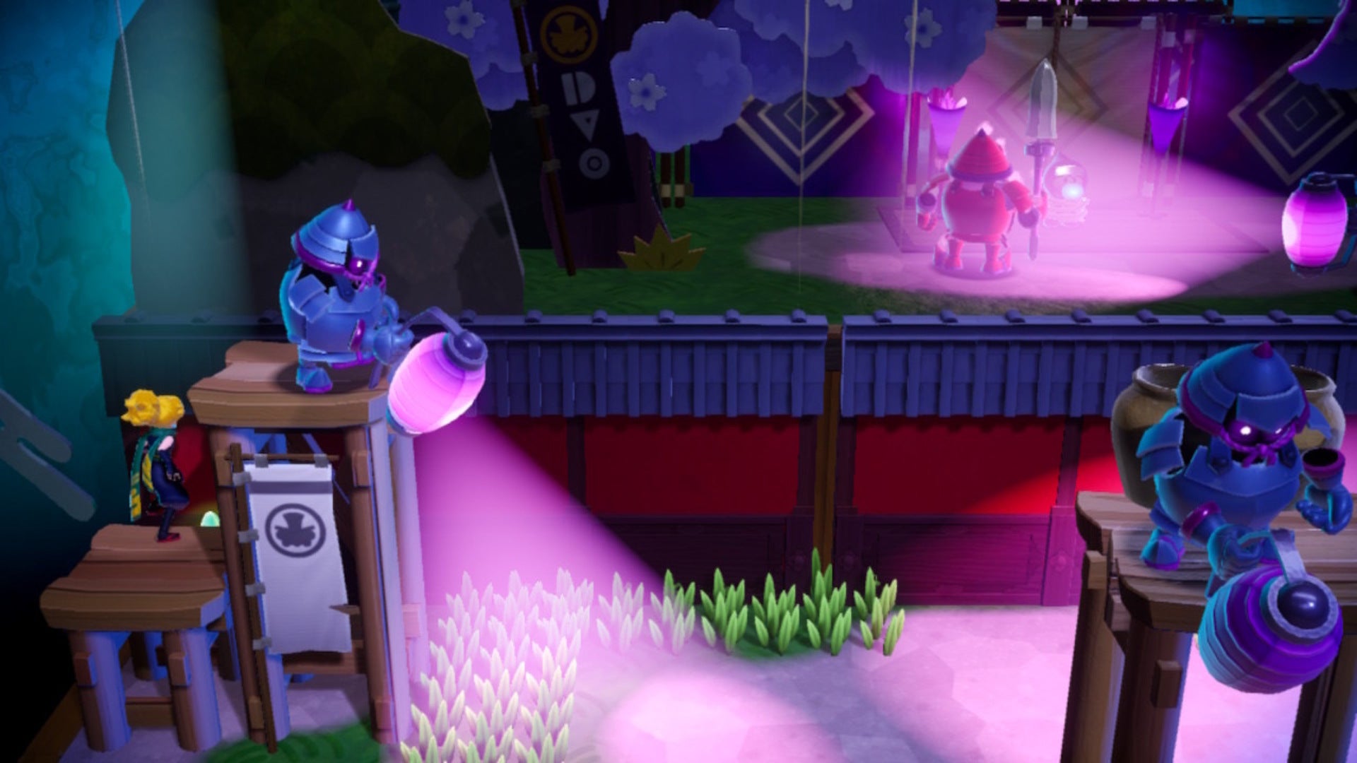 Ninja Peach stands on a small platform with a Sparkle Gem below it, which is also guarded by armored enemies in Princess Peach: Showtime