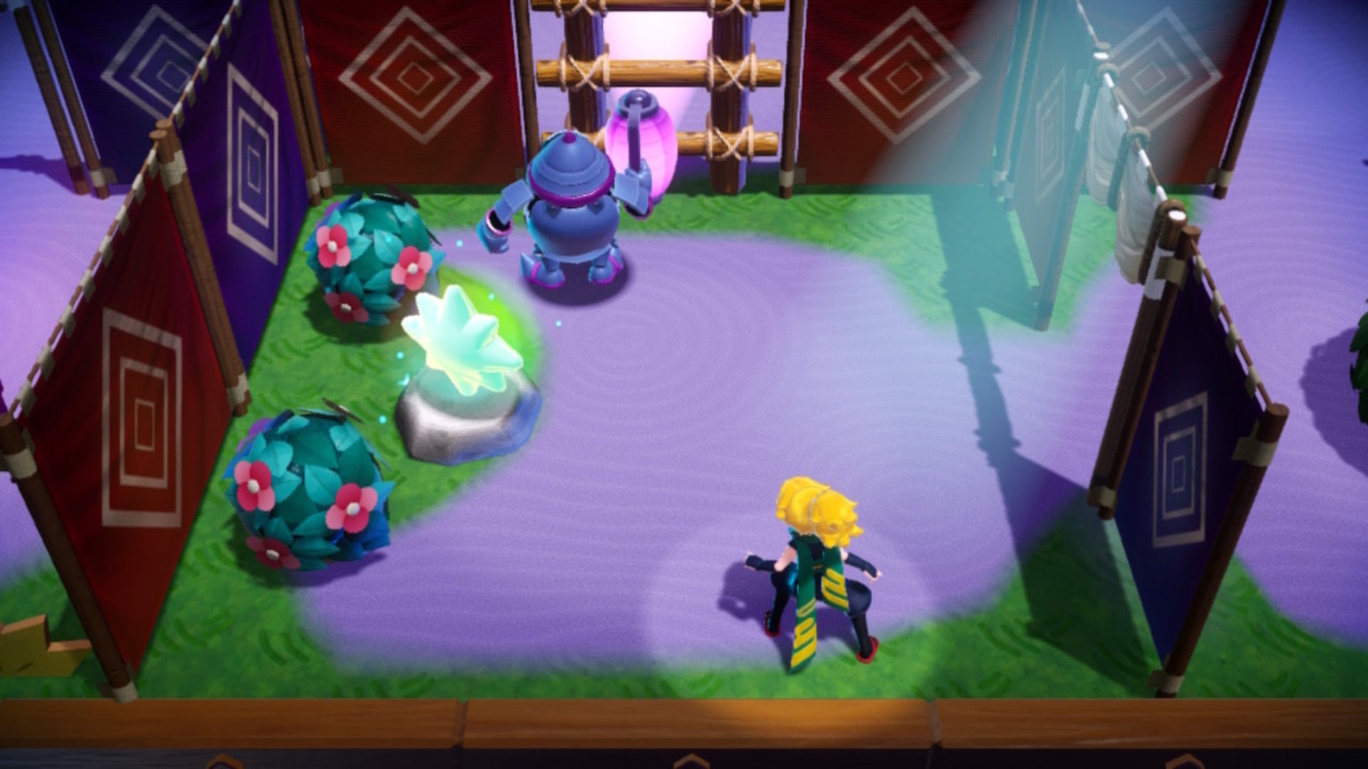 Ninja Peach stands behind an armored enemy who is guarding a Sparkle Gem in Princess Peach: Showtime - 5