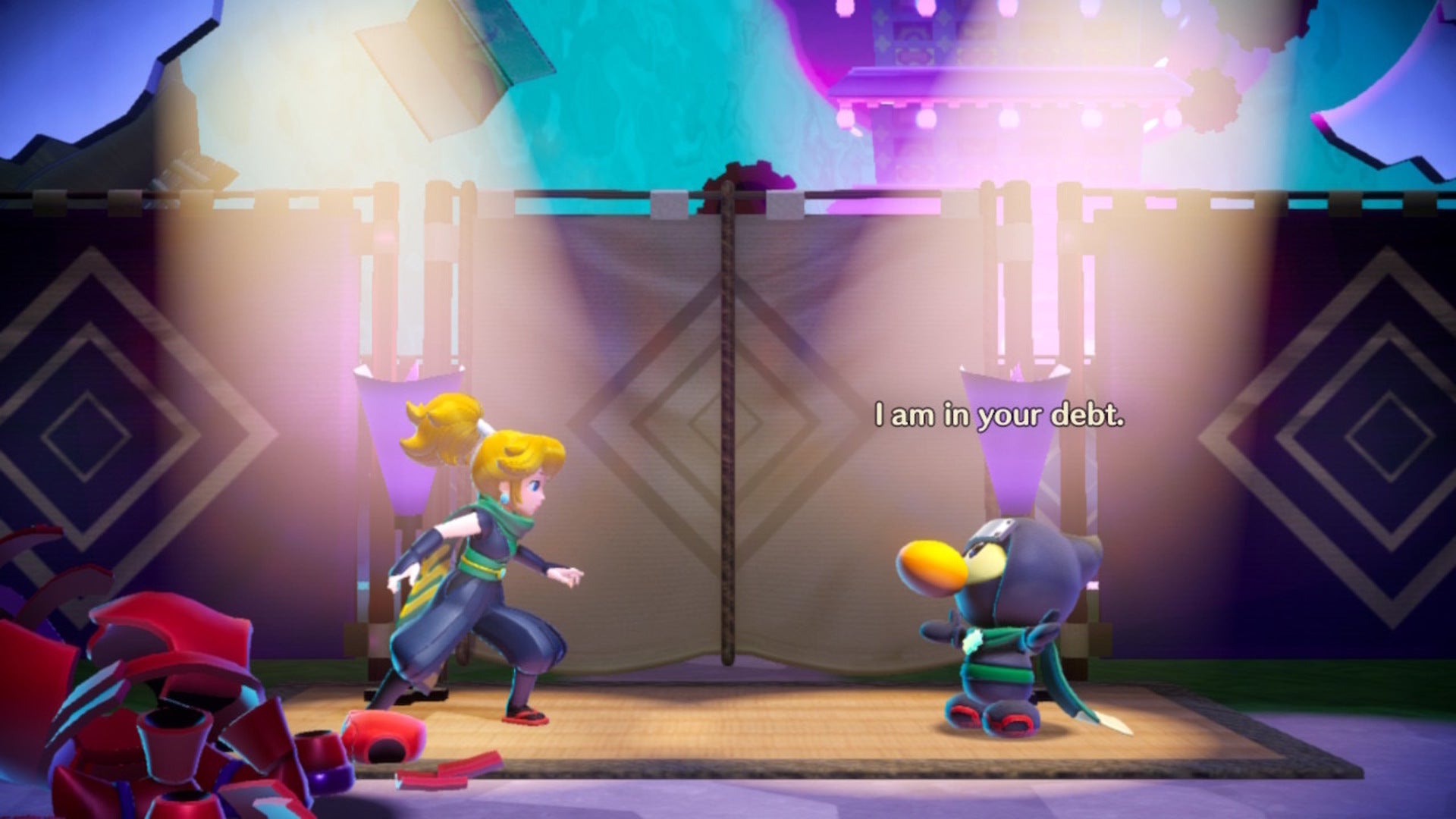 Ninja Peach speaks with the Ninja Sparkla in Princess Peach: Showtime - 1