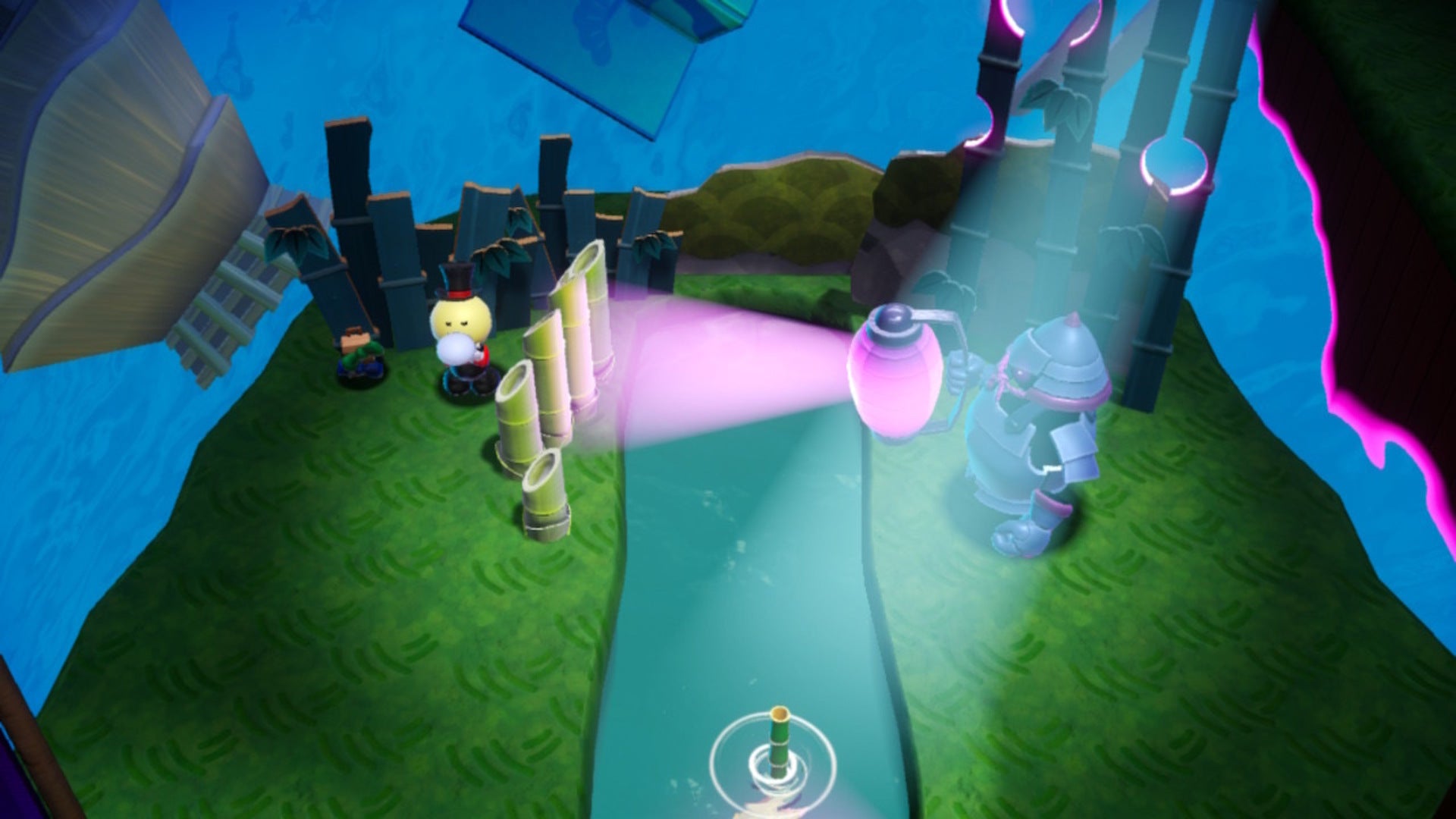 Ninja Peach, hidden underwater, approaches an armored enemy that is guarding an imprisoned Theet in Princess Peach: Showtime - 6