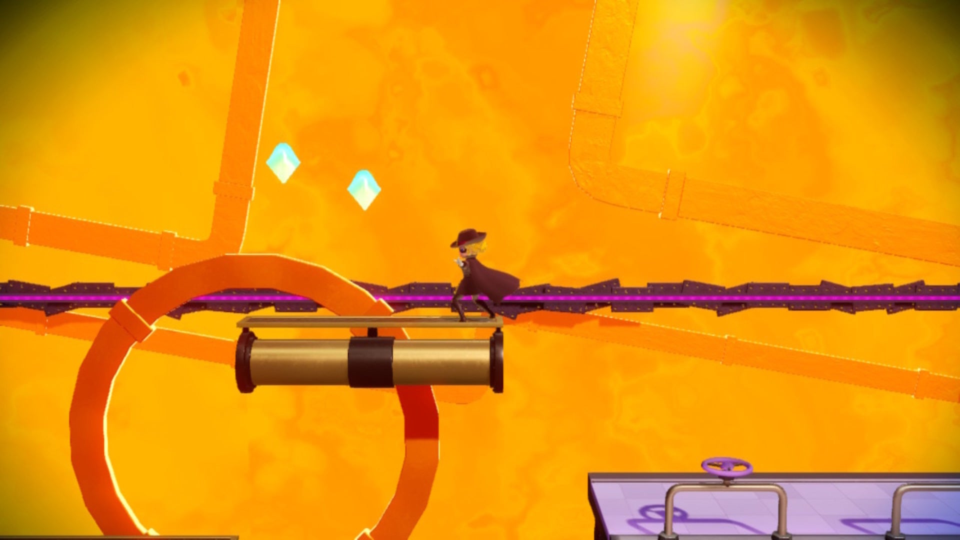 Dashing Thief Peach is on a moving platform collecting Sparkle Gem segments in Princess Peach: Showtime - 3