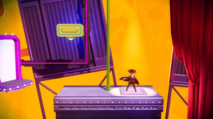 Dashing Thief Peach stands on a spotlight beside a door and switch in Princess Peach: Showtime