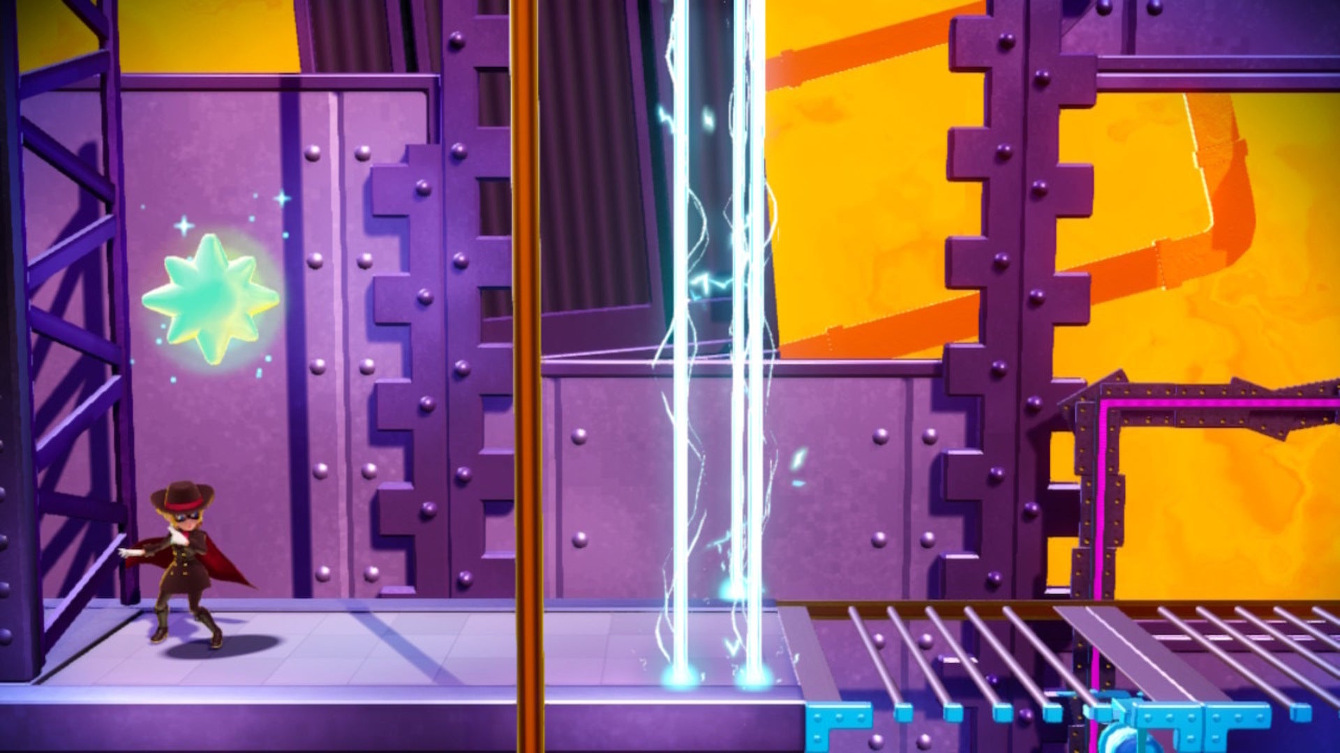 Dashing Thief Peach stands beneath a Sparkle Gem that is beside some lasers in Princess Peach: Showtime - 7