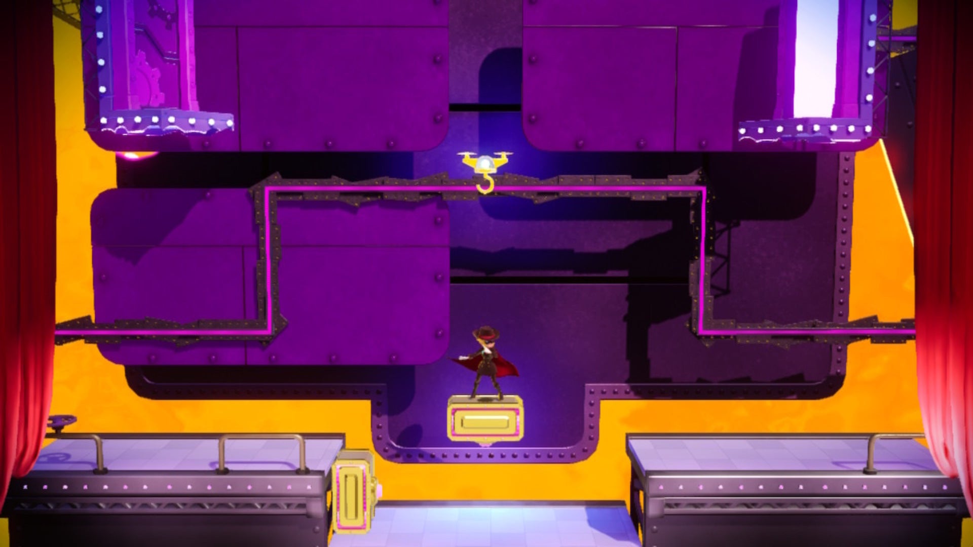 Dashing Thief Peach can be seen stood below a drone and on top of a switch in a room with two doors in Princess Peach: Showtime - 5