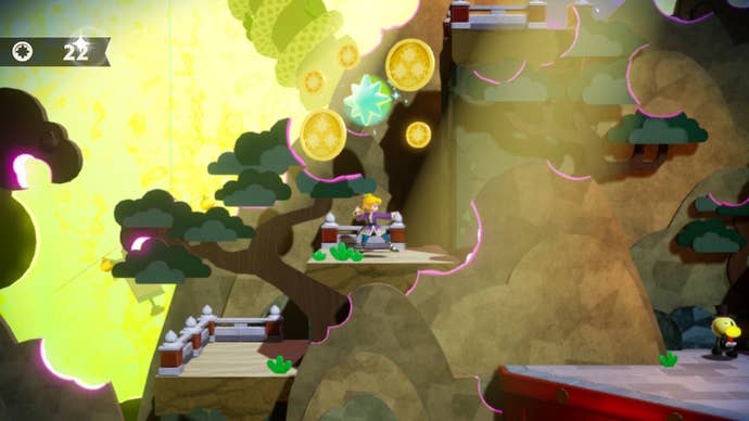 Kung Fu Peach stands by some platforms and trees where coins and a Sparkle Gem can be found in Princess Peach: Showtime