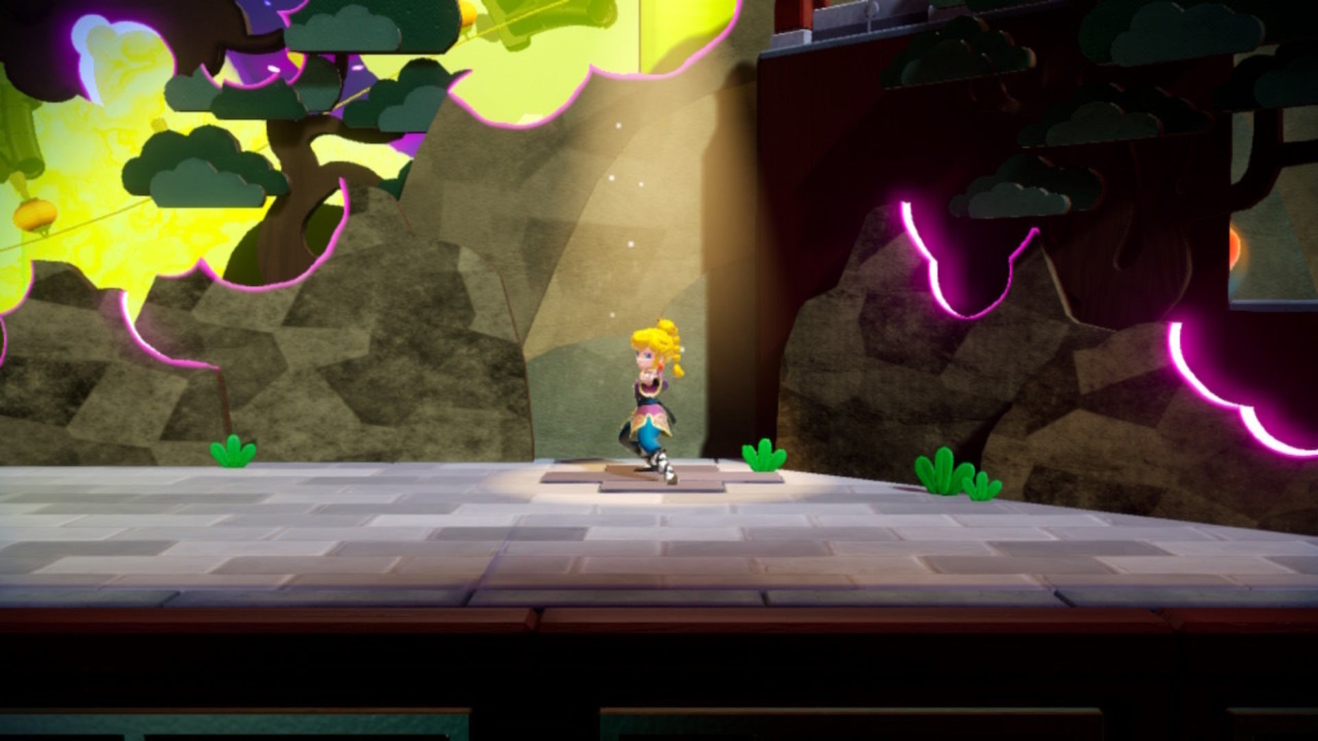 Kung Fu Peach stands on a spotlight in Princess Peach: Showtime