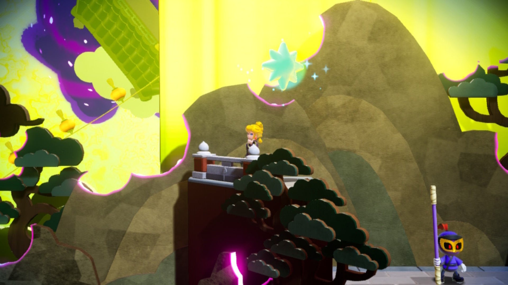 Kung Fu Peach stands below a Sparkle Gem on a platform guarded by some enemy minions in Princess Peach: Showtime