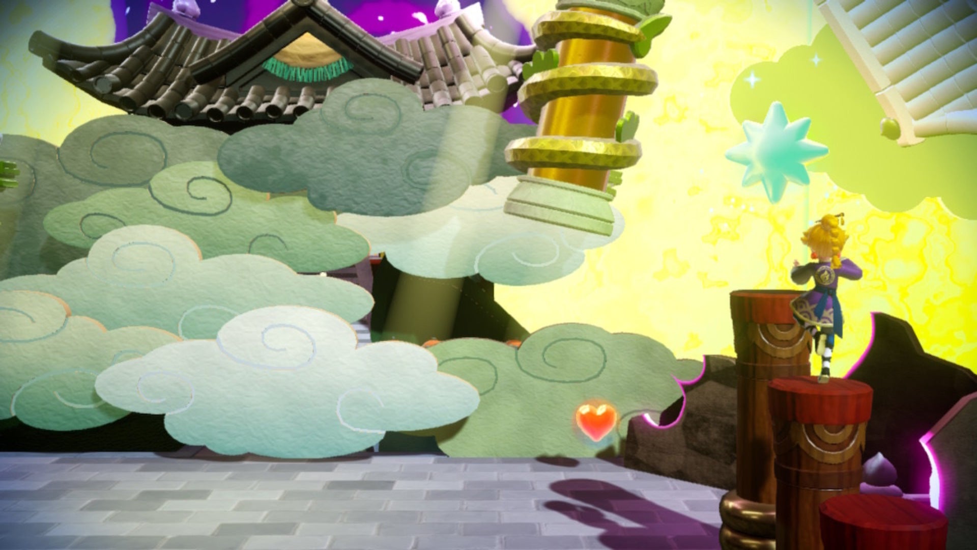 Kung Fu Peach approaches a Sparkle Gem floating above a pillar in Princess Peach: Showtime