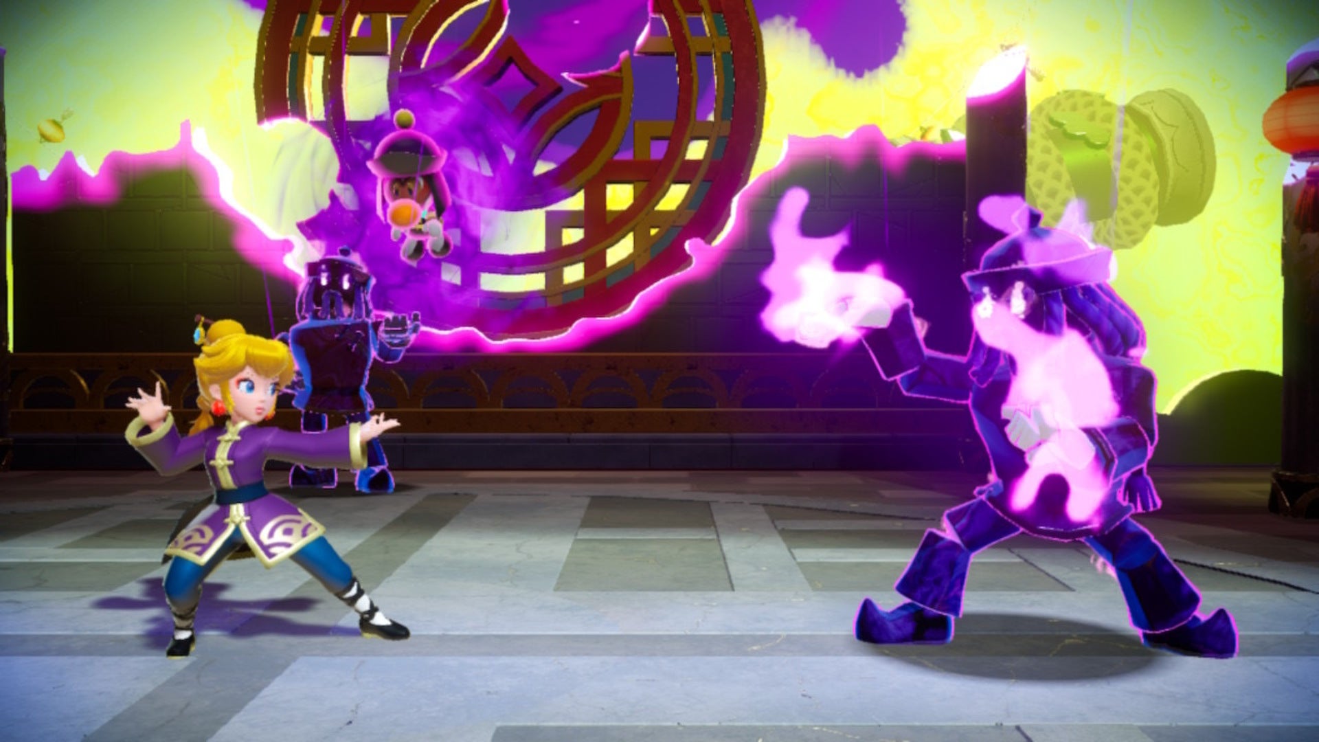 Kung Fu Peach fights with the Dark Kung Fu Master in Princess Peach: Showtime