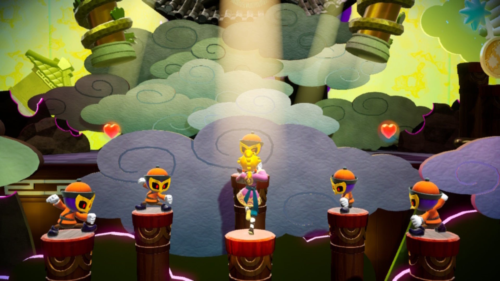 Kung Fu Peach faces multiple of the Sour Bunch minions while traversing some pillars in Princess Peach: Showtime - 1