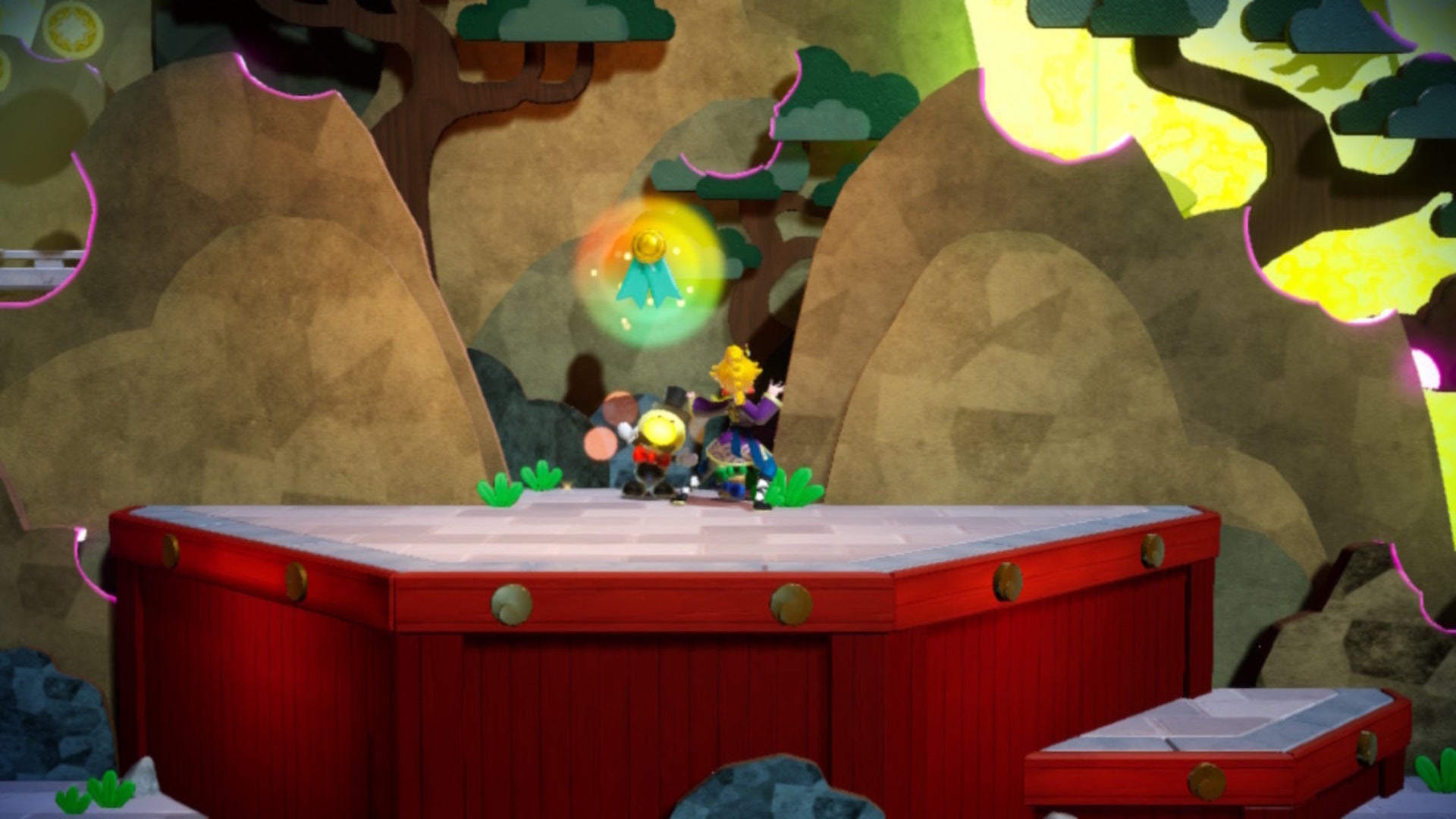 Kung Fu Peach frees a Ribboneer Theet from behind a boulder in Princess Peach: Showtime