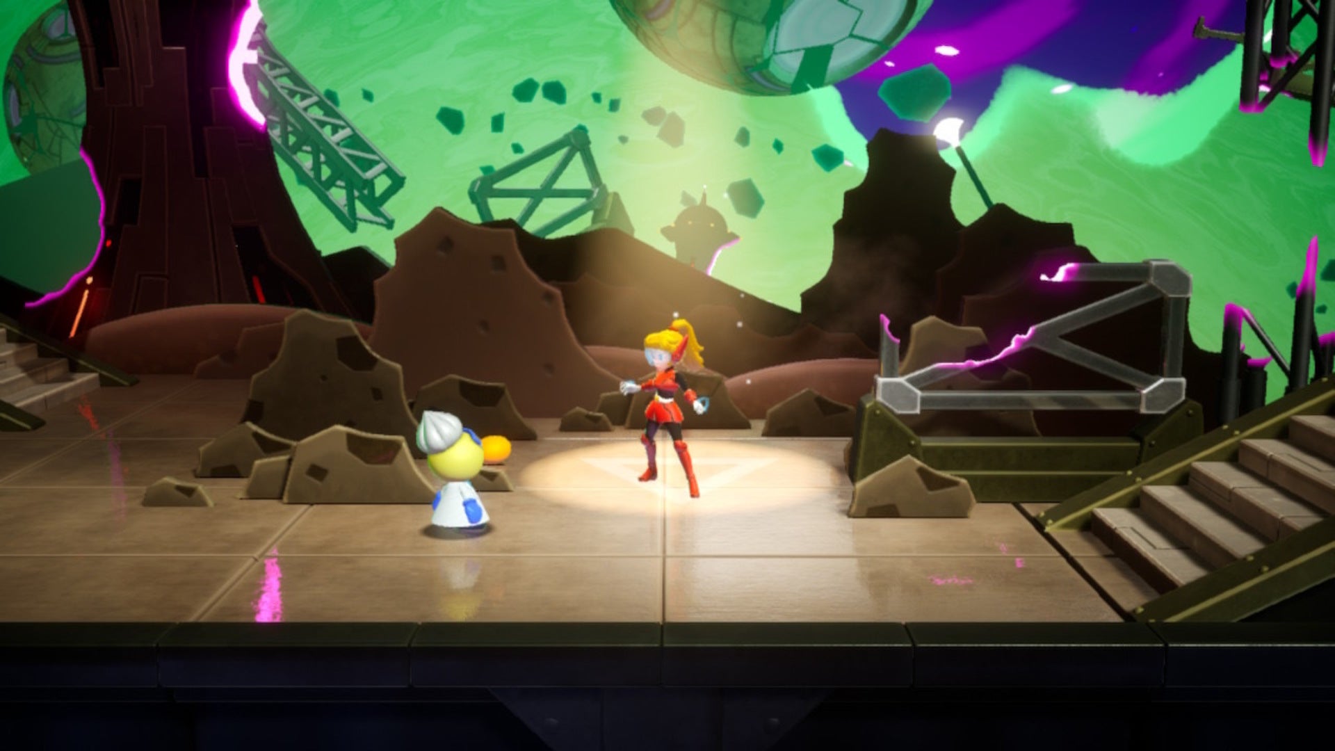 Mighty Peach stands on a spotlight beside a Professor Theet in Princess Peach: Showtime