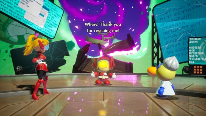 Mighty Peach greets the Mighty Sparkla after rescuing them in Princess Peach: Showtime