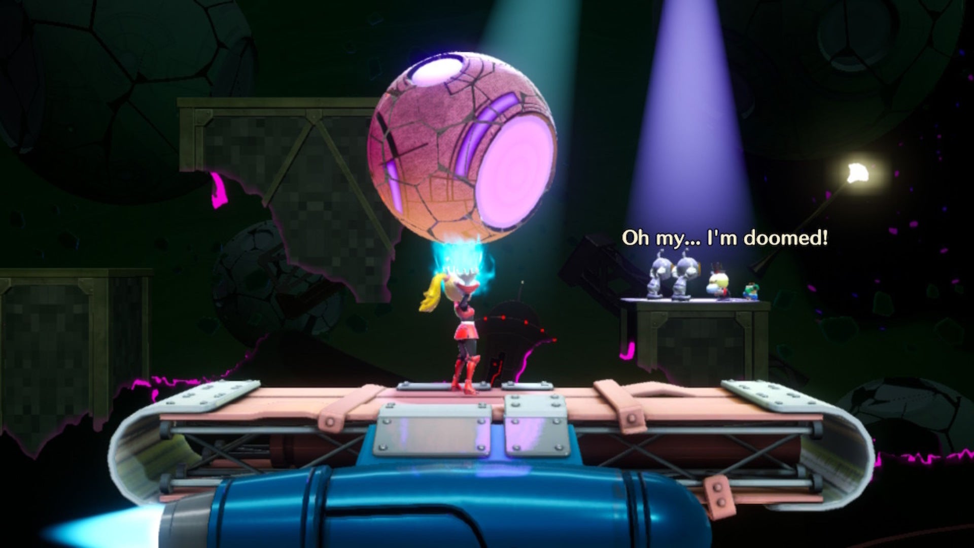 Mighty Peach aims an asteroid at a Ribboner Theet being bothered by some Sour Bunch minions in Princess Peach: Showtime - 3