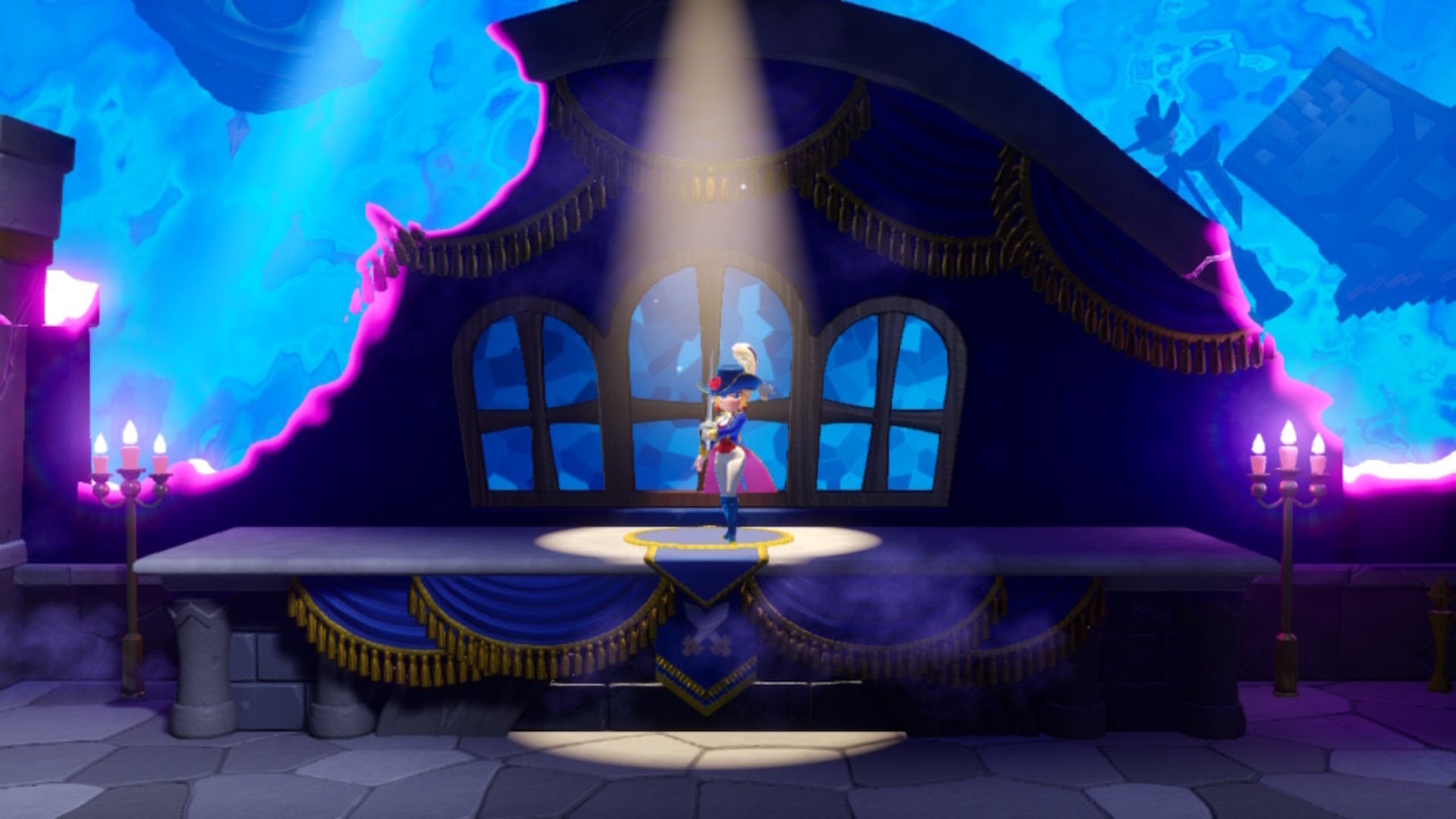 Swordfighter Peach stands on a spotlight in Princess Peach: Showtime