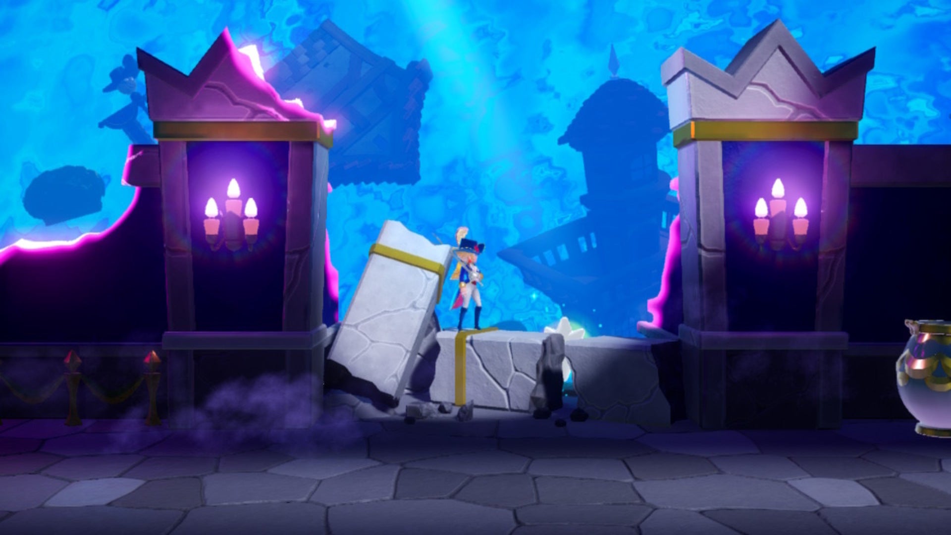 Peach stands on a broken pillar with a Sparkle Gem hidden behind it in Princess Peach: Showtime - 4