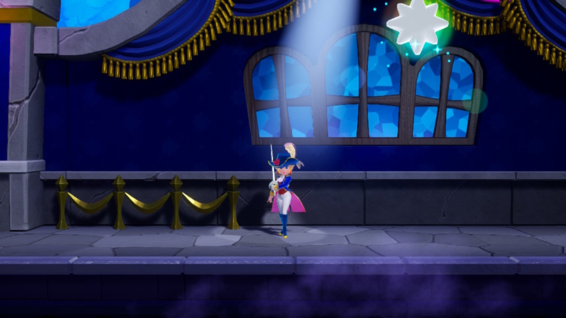 Swordfighter Peach stands below a Sparkle Gem in Princess Peach: Showtime
