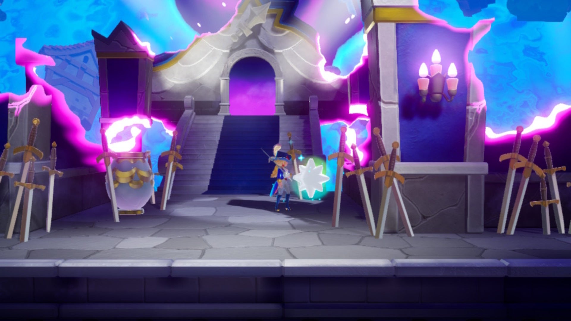 Swordfighter Peach breaks some vases to reveal a Sparkle Gem in Princess Peach: Showtime