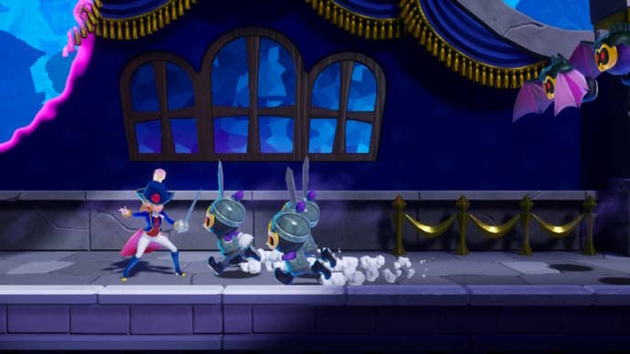 Swordfighter Peach is rushed by some minions in Princess Peach: Showtime