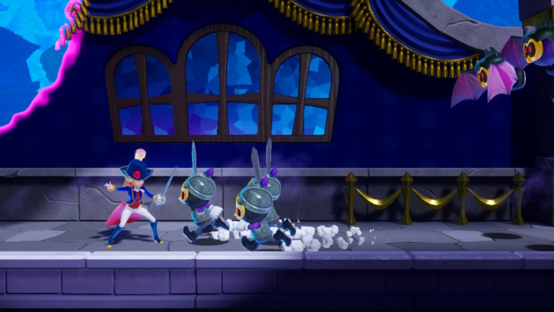 Swordfighter Peach is rushed by some minions in Princess Peach: Showtime - 1