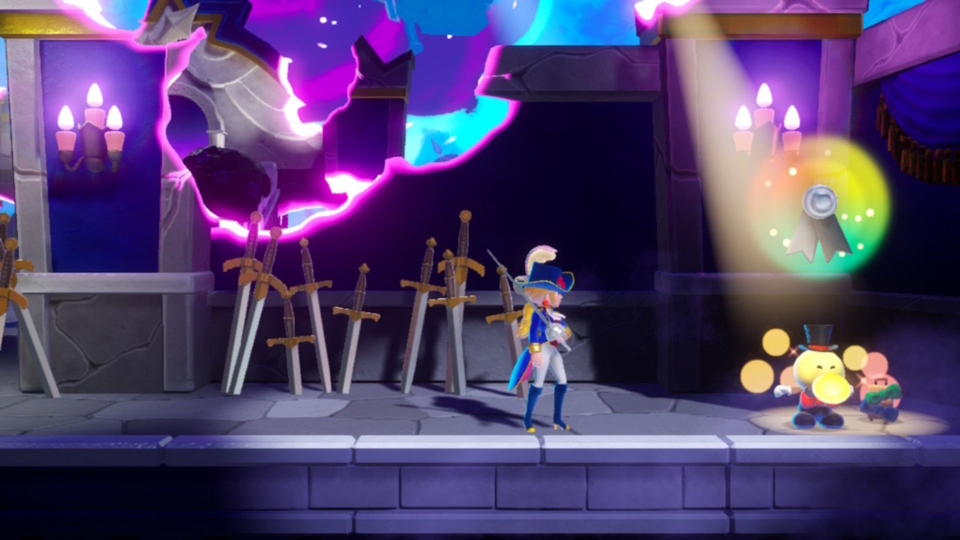 Swordfighter Peach breaks some vases to free a Theet, receiving a Ribbon as a reward in Princess Peach: Showtime