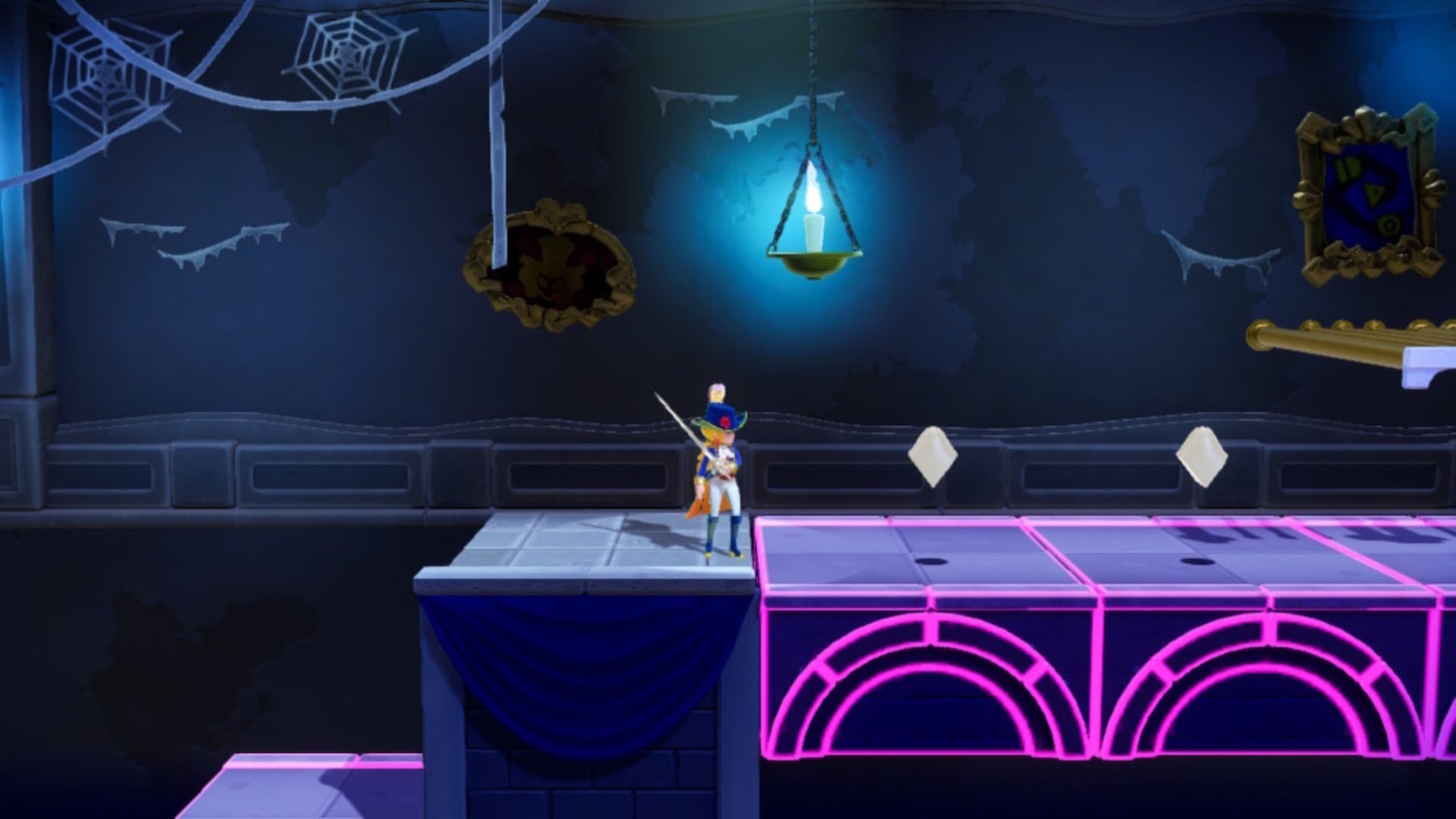 Peach stands beside some falling platforms which have Sparkle Gem pieces scattered across them in Princess Peach: Showtime