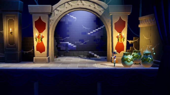 Swordfighter Peach stands beside some vases, one of them glowing, in Princess Peach: Showtime