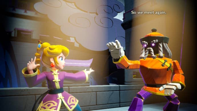 Kung Fu Peach fights with one of the Sour Bunch in Princess Peach: Showtime
