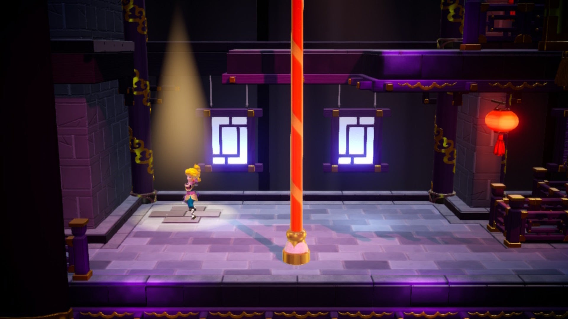 Kung Fu Peach is shown posing atop a spotlight in Princess Peach: Showtime - 7