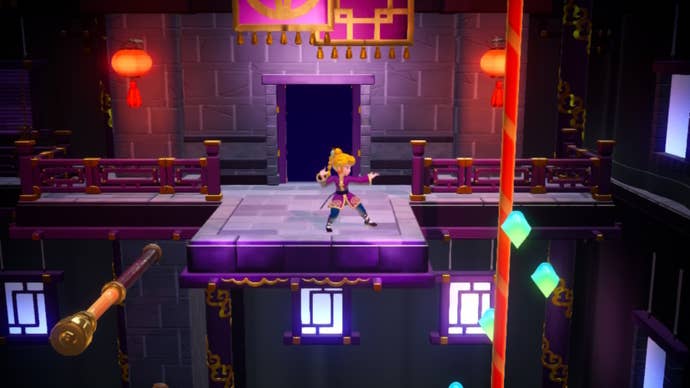 Kung Fu Peach is shown to the left of a pole with multiple Sparkle Gem segments along it in Princess Peach: Showtime