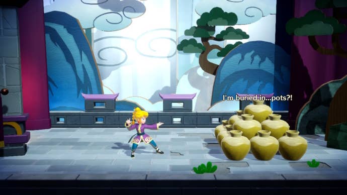 Kung Fu Peach faces some vases with a Theet trapped beneath them in Princess Peach: Showtime