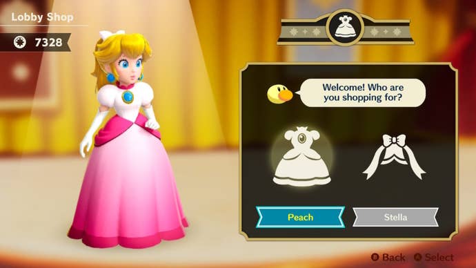 Princess Peach is shown browsing the Lobby Shop in Princess Peach: Showtime