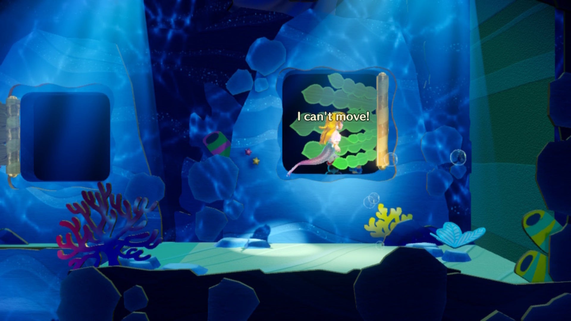 Princess Peach floats in front of a seaweed grate with a Theet trapped inside of it in Princess Peach: Showtime